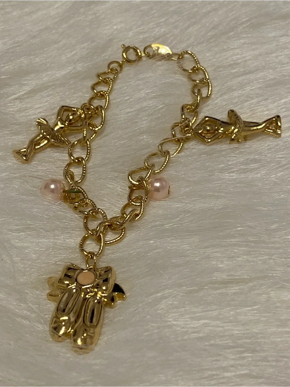 VTG ‘94 NOS Avon Pink Pearl Ballerina Gold Charm Bracelet Deadstock Kids Jewelry